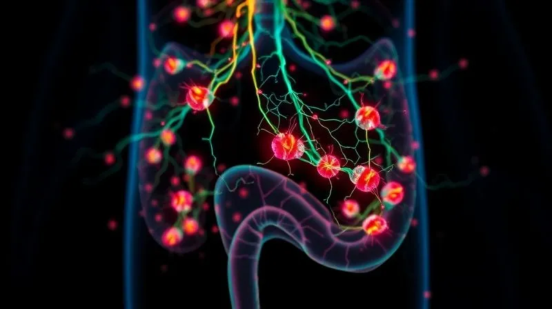A photorealistic, professional photography image of a stylized, healthy human gut microbiome, represented by intricate, glowing neural pathways and beneficial bacteria in vibrant colors, against a dark, abstract background. The image conveys health and balance. 8K, cinematic lighting, sharp focus, depth of field, shot on a high-end DSLR.