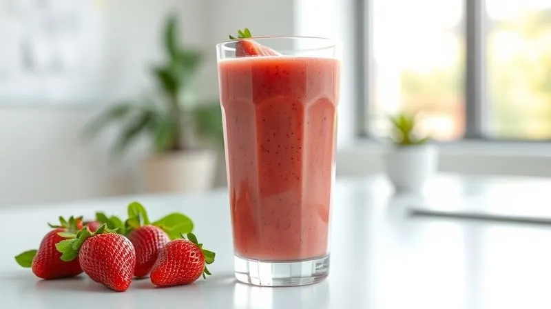 A vibrant, photorealistic strawberry smoothie in a sleek, modern glass, placed on a minimalist white desk with a blurred background of a professional, sunlit office. Emphasize the fresh ingredients like whole strawberries and a hint of green spinach. professional photography, 8K, cinematic lighting, sharp focus, depth of field, shot on a high-end DSLR, inviting, healthy, refreshing.