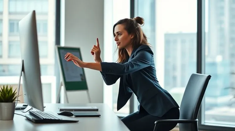 A professional woman in business attire, quickly doing discreet stretches or a few squats next to her desk in a modern, sunlit office. She looks focused and efficient, integrating movement into her busy workday. photorealistic, professional photography, 8K, cinematic lighting, sharp focus, depth of field, shot on a high-end DSLR, subtle, empowering.