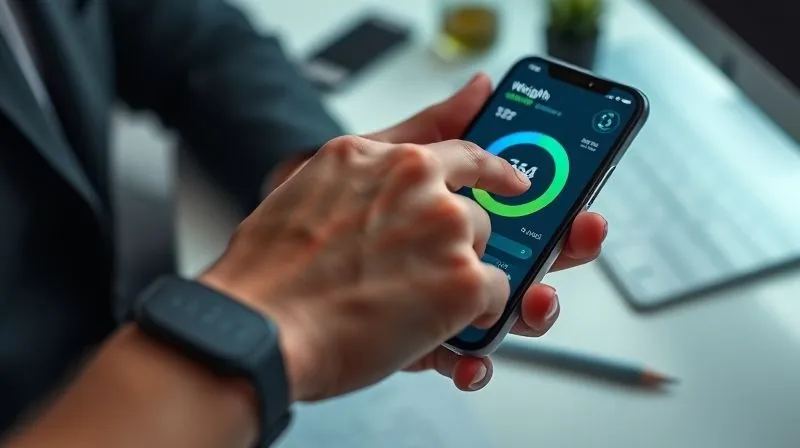 A close-up, photorealistic shot of a person's hand interacting with a health tracking app on a modern smartphone or smartwatch, showing graphs and progress metrics for weight, steps, and sleep. The background is a clean, professional desk. professional photography, 8K, cinematic lighting, sharp focus, depth of field, shot on a high-end DSLR, modern, data-driven, motivational.