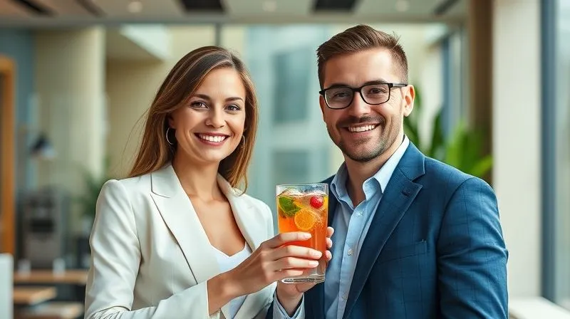 A confident, healthy-looking business professional (man or woman) in a modern, elegant business setting, smiling genuinely. They are holding a glass of water or a fruit-infused drink, exuding vitality and success. The background is bright and optimistic, suggesting a thriving career and well-being. photorealistic, professional photography, 8K, cinematic lighting, sharp focus, depth of field, shot on a high-end DSLR, inspiring, aspirational, healthy lifestyle.