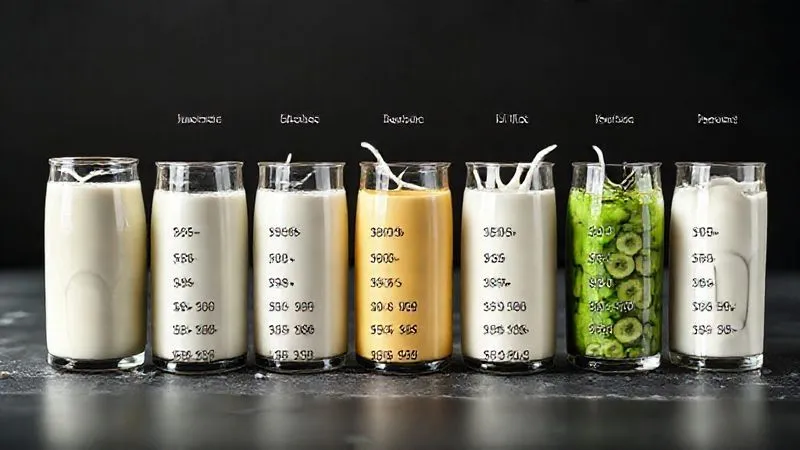 Photorealistic comparison chart showing nutritional values of different milk types for smoothies, with focus on calorie content, 8K, professional photography, cinematic lighting, sharp focus, depth of field, shot on a high-end DSLR.