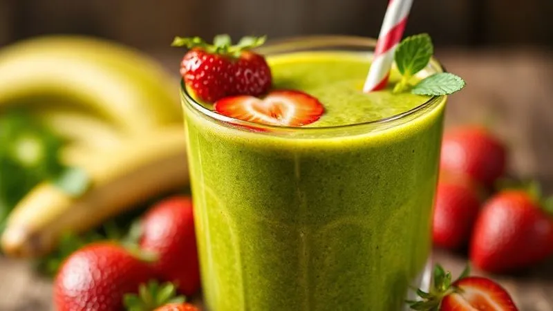 Photorealistic image of a vibrant, refreshing green smoothie with fresh strawberries visible, emphasizing healthy and natural ingredients, cinematic lighting, sharp focus on the texture, depth of field blurring the background, 8K hyper-detailed, shot on a high-end DSLR.