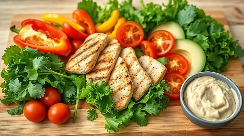 photorealistic, professional photography, 8K, cinematic lighting, sharp focus, depth of field, shot on a high-end DSLR, a vibrant assortment of fresh, colorful wrap ingredients laid out on a clean wooden cutting board: grilled chicken breast strips, various leafy greens, sliced bell peppers, cherry tomatoes, avocado slices, and a small bowl of homemade hummus, all bathed in natural, soft kitchen light, emphasizing freshness and health.