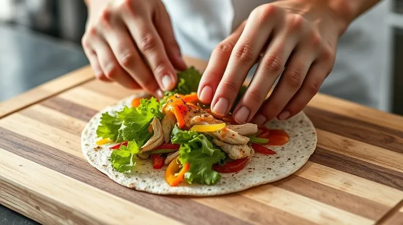 photorealistic, professional photography, 8K, cinematic lighting, sharp focus, depth of field, shot on a high-end DSLR, a close-up of hands expertly rolling a whole-grain tortilla filled with colorful ingredients (chicken, lettuce, peppers, sauce) on a wooden cutting board, with a focus on the technique of assembly, soft kitchen lighting from the side.
