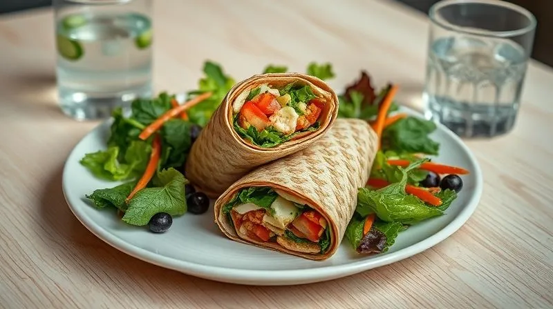photorealistic, professional photography, 8K, cinematic lighting, sharp focus, depth of field, shot on a high-end DSLR, a perfectly balanced and colorful dinner plate featuring a whole-grain wrap cut in half, a small side salad with vinaigrette, and a glass of infused water, all arranged aesthetically on a light-colored table, emphasizing health, freshness, and portion control.