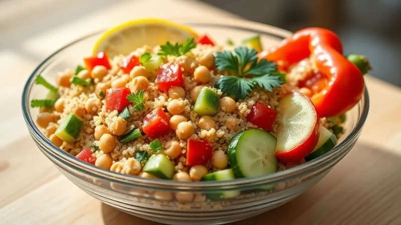 A photorealistic image of a vibrant, fresh quinoa salad with chickpeas, cucumber, red bell pepper, and parsley, dressed with lemon and olive oil, presented in a modern glass bowl on a light wooden table. The focus is sharp on the textures and colors of the ingredients, with soft, natural daylight. Professional photography, 8K, cinematic lighting, sharp focus, depth of field, shot on a high-end DSLR.