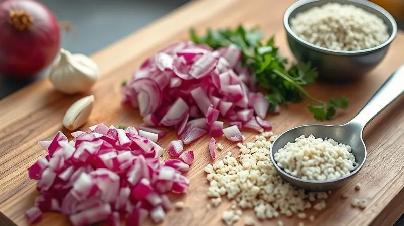 A photorealistic, professional photography, 8K, cinematic lighting, sharp focus, depth of field, shot on a high-end DSLR, showing a close-up of a kitchen cutting board with a finely chopped red onion, garlic cloves, and fresh herbs, next to a small bowl of raw quinoa and a measuring spoon, implying careful preparation. The scene is clean, well-lit, and emphasizes precision and fresh ingredients. There's a subtle sense of a healthy cooking process beginning.
