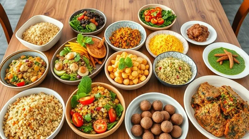 A vibrant, diverse spread of vegetarian quinoa dishes on a large wooden table, showcasing breakfast bowls, colorful salads, and hearty main courses, all looking delicious and healthy. Photorealistic, professional photography, 8K, cinematic lighting, sharp focus, depth of field, shot on a high-end DSLR.