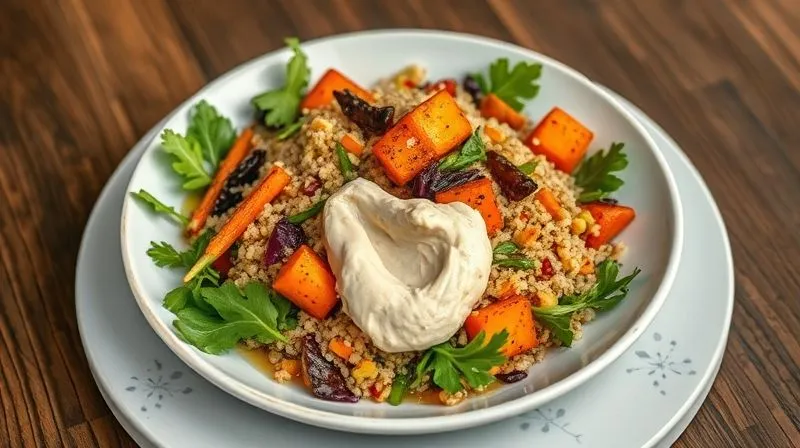 A beautifully plated vegetarian quinoa salad with roasted root vegetables, fresh greens, and a dollop of creamy hummus, presented in a modern, elegant style. Photorealistic, professional photography, 8K, cinematic lighting, sharp focus, depth of field, shot on a high-end DSLR.
