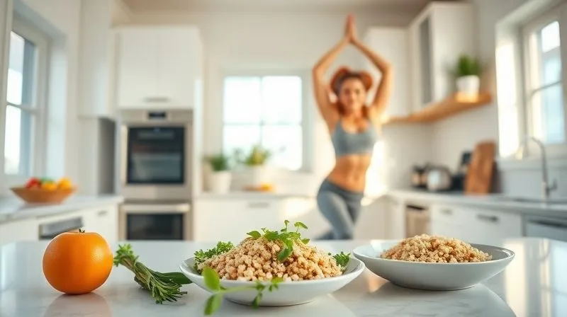 A dynamic shot of a person doing yoga or light exercise in a bright, modern kitchen, with a healthy quinoa meal prepped on the counter, emphasizing balance between nutrition and activity. Photorealistic, professional photography, 8K, cinematic lighting, sharp focus, depth of field, shot on a high-end DSLR.