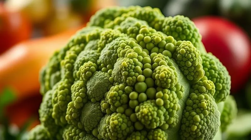 A close-up, photorealistic, professional photography, 8K image of a cross-section of a fresh, vibrant green broccoli floret, showing its intricate structure and tiny green beads. Cinematic lighting from the side highlights the textures, with a sharp focus on the florets and a soft depth of field blurring a background of other fresh vegetables. The image evokes freshness, natural goodness, and intricate detail.