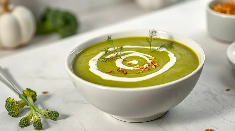 A photorealistic, professional photography, 8K image of a vibrant green broccoli cream soup served in an elegant white bowl, garnished with a swirl of plain Greek yogurt, fresh dill sprigs, and a sprinkle of toasted pumpkin seeds. The soup is perfectly smooth, with cinematic lighting creating soft shadows and highlights, emphasizing its texture and freshness. Sharp focus on the bowl, with a gentle depth of field blurring a contemporary kitchen background. The image evokes healthy indulgence and culinary artistry.