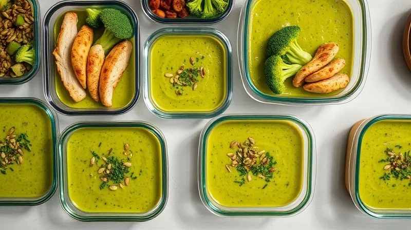 A top-down, photorealistic, professional photography, 8K image of several glass meal prep containers filled with vibrant green broccoli cream soup, neatly arranged on a clean kitchen counter. Some containers have different toppings like grilled chicken pieces, toasted seeds, and fresh herbs. Cinematic lighting highlights the organized meal prep, with sharp focus on the containers and a soft depth of field blurring the background. The image evokes efficiency, health, and thoughtful planning.