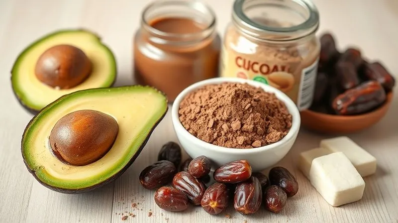 A close-up, photorealistic, professional photography shot of a selection of healthy ingredients for a chocolate fitness cream: ripe avocado, a bowl of unsweetened cocoa powder, a jar of natural peanut butter, a package of silken tofu, and a small pile of fresh dates. All ingredients are beautifully arranged on a light wooden surface with soft, natural cinematic lighting, sharp focus on the textures, depth of field blurring the background. 8K hyper-detailed, shot on a high-end DSLR.