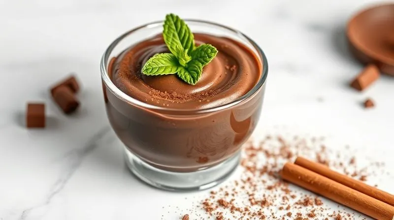 A photorealistic, professional photography shot of a freshly prepared, smooth chocolate fitness cream served in a small, elegant glass bowl, topped with a few fresh mint leaves and a light dusting of cocoa powder. The bowl is placed on a clean white marble surface, with soft, diffused cinematic lighting highlighting its rich, dark color and creamy texture. Sharp focus on the cream, with a shallow depth of field. 8K hyper-detailed, shot on a high-end DSLR.