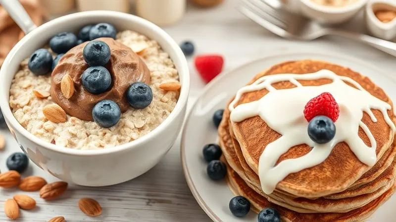 A photorealistic, professional photography shot of a healthy breakfast spread featuring a bowl of oatmeal topped with a generous dollop of chocolate fitness cream, fresh blueberries, and sliced almonds. Next to it, a plate of whole-wheat pancakes also drizzled with the cream and garnished with raspberries. The scene is bright and inviting with cinematic lighting, sharp focus on the food, and a shallow depth of field. 8K hyper-detailed, shot on a high-end DSLR.