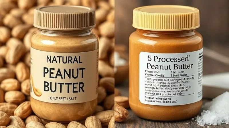 A side-by-side comparison of two peanut butter jars: one labeled 'Natural Peanut Butter' with only peanuts and salt listed, showing whole peanuts in the background; the other labeled 'Processed Peanut Butter' with a long ingredient list, showing sugar crystals and palm oil next to it. Photorealistic, professional photography, 8K, cinematic lighting, sharp focus, depth of field, shot on a high-end DSLR.
