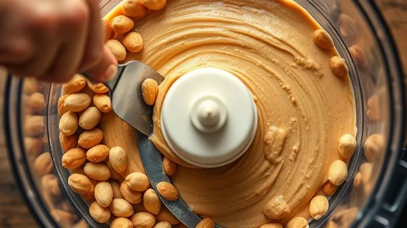 A close-up, top-down shot of a food processor actively blending roasted peanuts, showing the transformation from whole nuts to a creamy, smooth peanut butter texture. A hand is reaching in with a spatula to scrape down the sides. Photorealistic, professional photography, 8K, cinematic lighting, sharp focus, depth of field, shot on a high-end DSLR.