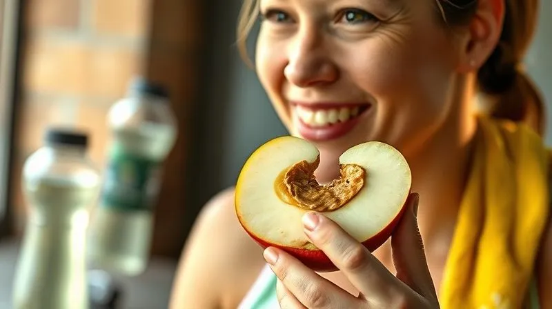 A dynamic shot of a fitness enthusiast enjoying a healthy post-workout snack: a sliced apple with a thin layer of natural peanut butter, with a water bottle and gym towel blurred in the background. The person looks refreshed and satisfied. Photorealistic, professional photography, 8K, cinematic lighting, sharp focus, depth of field, shot on a high-end DSLR.