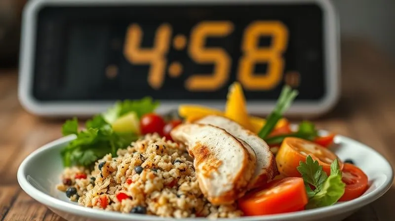 A photorealistic, professional photography image of a balanced plate with lean protein (chicken breast), complex carbohydrates (quinoa), and colorful vegetables. In the background, a subtle, artistic representation of a calorie counter or a weight scale, with cinematic lighting and sharp focus on the food, depth of field, 8K hyper-detailed, shot on a high-end DSLR.