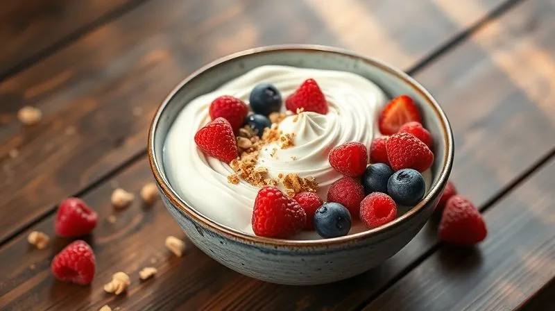 A photorealistic image of a beautifully arranged protein breakfast bowl, featuring Greek yogurt, a swirl of protein cream, fresh berries, and a sprinkle of granola. The bowl is placed on a rustic wooden table with soft morning light, sharp focus on the food, depth of field, 8K hyper-detailed, shot on a high-end DSLR.