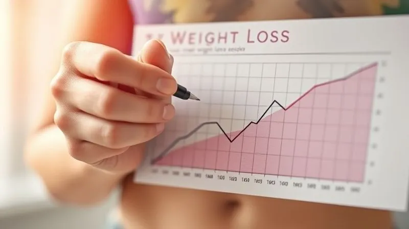 A photorealistic image of a person's hand holding a pen, marking progress on a beautifully designed, minimalist weight loss tracker chart. The chart shows a downward trend, symbolizing success. Soft, natural light illuminates the scene, sharp focus on the chart, depth of field, 8K hyper-detailed, shot on a high-end DSLR.