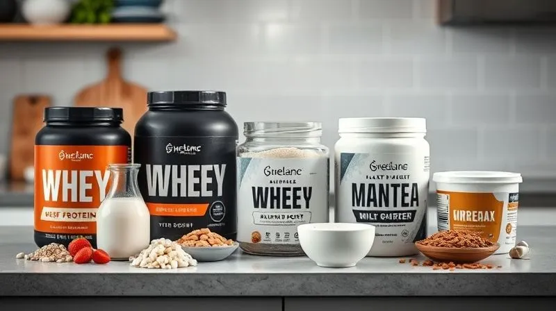 Photorealistic, professional photography, 8K, cinematic lighting, sharp focus, depth of field, shot on a high-end DSLR. A variety of protein powders (whey, casein, plant-based) in elegant containers, alongside fresh milk, almond milk, and Greek yogurt, artfully arranged on a clean kitchen counter, suggesting healthy choices and a culinary exploration.