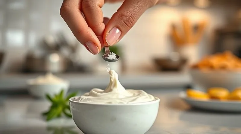 Photorealistic, professional photography, 8K, cinematic lighting, sharp focus, depth of field, shot on a high-end DSLR. A person's hand adding a tiny pinch of sea salt to a vibrant protein cream, perfectly balancing the flavors. The background is a clean, modern kitchen, emphasizing precision and culinary artistry, with a focus on the delicate salt crystals.