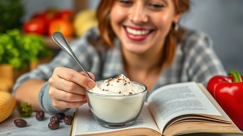 Photorealistic, professional photography, 8K, cinematic lighting, sharp focus, depth of field, shot on a high-end DSLR. A person smiling while enjoying a delicious-looking low-calorie protein cream, surrounded by fresh, colorful ingredients and an open recipe book, suggesting sustained joy and creativity in healthy eating. Soft, warm lighting.