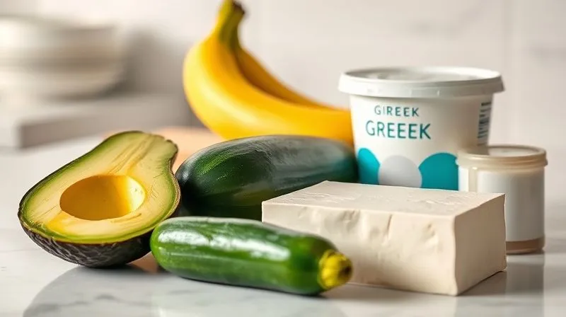 A photorealistic image of a kitchen counter with various healthy ingredients for a dessert: half an avocado, a ripe banana, a zucchini, a container of Greek yogurt, and a block of silken tofu, all neatly arranged. Bright, natural lighting, sharp focus.