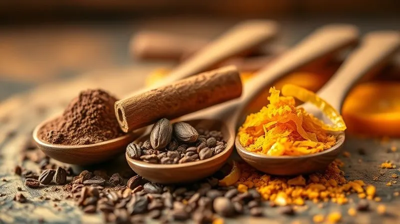 A close-up, photorealistic shot of various spices and flavorings on small wooden spoons: cocoa powder, cinnamon stick, vanilla bean, and orange zest. The background is blurred, and the lighting is warm and inviting, emphasizing texture and aroma. 8K, cinematic lighting, sharp focus.