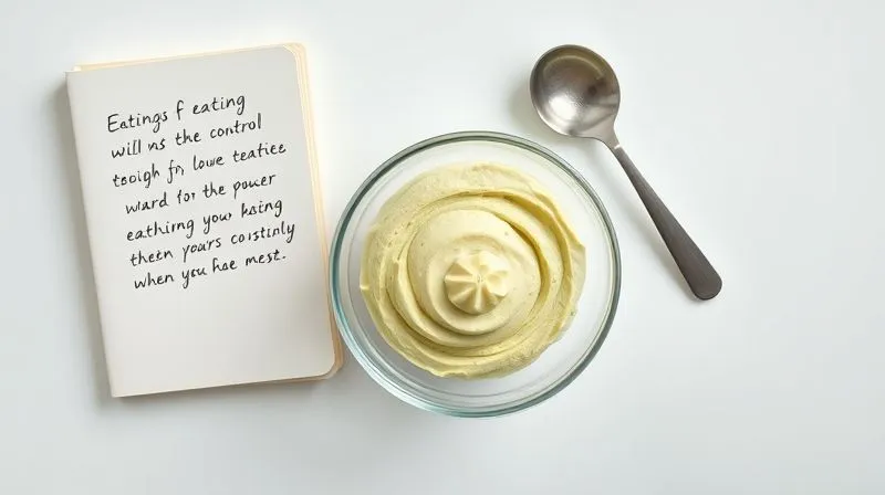 A photorealistic, top-down view of a perfectly portioned, small glass bowl of avocado cream dessert next to a measuring spoon and a small notebook with handwritten notes on mindful eating. The setting is clean and bright, emphasizing control and planning. 8K, professional photography, sharp focus.