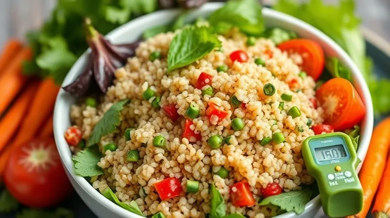A meticulously portioned quinoa salad, with a small digital kitchen scale showing an ideal serving size (e.g., 150g), surrounded by fresh, colorful vegetables. The image should convey precision and healthy eating habits. Photorealistic, professional photography, 8K, cinematic lighting, sharp focus, depth of field, shot on a high-end DSLR.