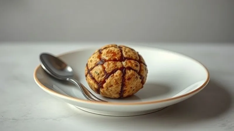 Photorealistic image of a single, perfectly portioned protein ball placed on a small, elegant plate next to a measuring spoon, with the background slightly blurred to emphasize mindful eating and portion control. The lighting is soft and natural, highlighting the texture of the protein ball and the precision of the measurement.