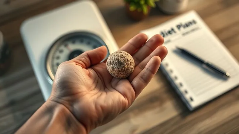 Photorealistic, professional photography, 8K, cinematic lighting, sharp focus, depth of field, shot on a high-end DSLR. A hand holding a single, perfectly crafted, small protein ball, with a blurred background of a kitchen scale and a notebook with diet plans, symbolizing precision, control, and thoughtful integration into a healthy lifestyle.