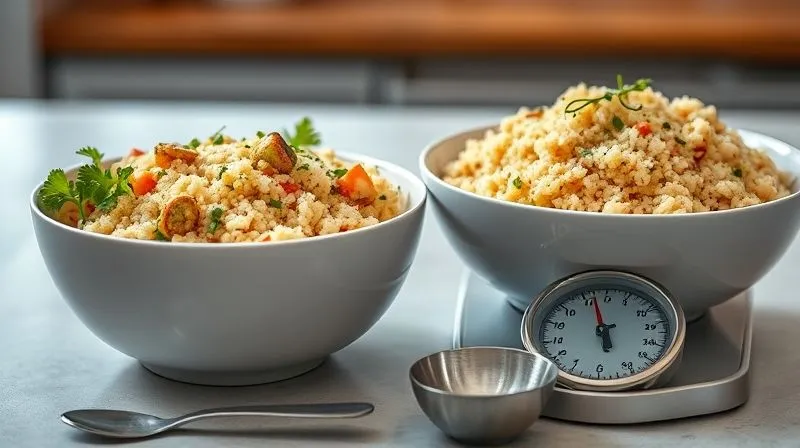 A photorealistic image of two bowls of couscous, one perfectly portioned for a diet (smaller, with lots of vegetables) and one oversized (larger, with less balance), side-by-side, with a measuring spoon and a kitchen scale in the foreground. Cinematic lighting, sharp focus on the bowls, depth of field, 8K, shot on a high-end DSLR.