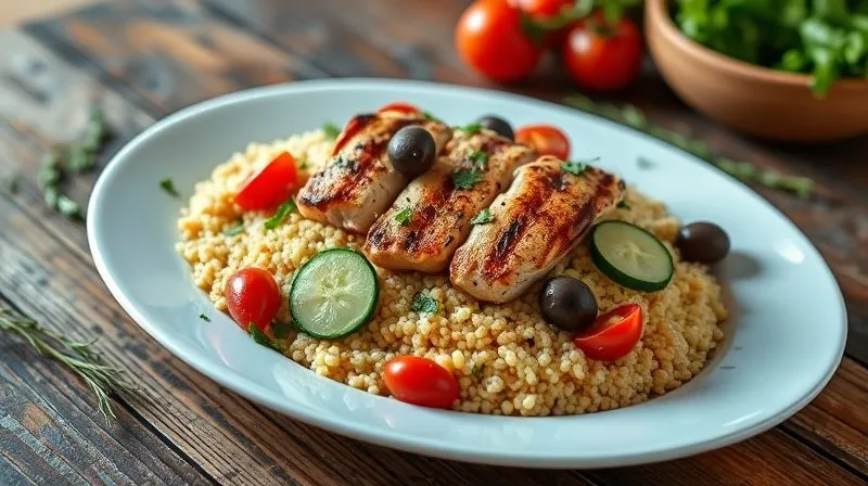 A photorealistic, professional photography, 8K, cinematic lighting, sharp focus, depth of field, shot on a high-end DSLR, of a vibrant and healthy Mediterranean couscous salad with grilled chicken, cherry tomatoes, cucumber, olives, and fresh herbs, beautifully plated on a modern white dish. The scene is brightly lit, emphasizing freshness and appeal, with a subtle blurred background of a rustic wooden table.
