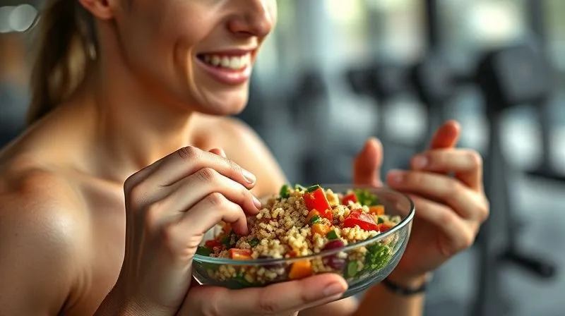 A photorealistic, professional photography, 8K, cinematic lighting, sharp focus, depth of field, shot on a high-end DSLR, of a fit person enjoying a healthy, colorful couscous salad after an evening workout, with sweat glistening subtly on their skin. The background shows a modern gym or a home workout space, softly blurred. The mood is one of satisfaction, health, and well-being, emphasizing the connection between nutrition and fitness.