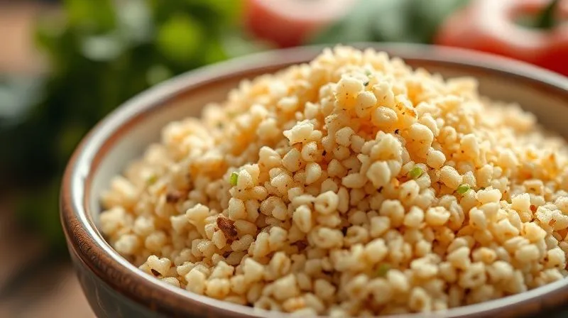 A close-up, photorealistic image of perfectly fluffed whole-wheat couscous grains, steaming gently in a ceramic bowl, with a soft blur of fresh vegetables in the background. Cinematic lighting, sharp focus, 8K.