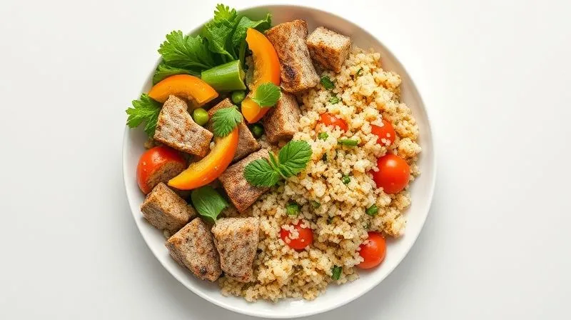 A photorealistic overhead shot of a perfectly portioned plate of couscous salad, divided into sections for protein, vegetables, and grains, emphasizing balanced nutrition. Natural daylight, professional food photography, 8K.