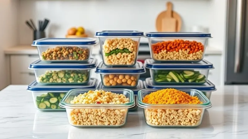 A visually appealing, photorealistic image of a weekly meal prep layout featuring multiple containers with different couscous-based meals, neatly arranged in a modern kitchen. Soft, diffused lighting, organized, 8K.