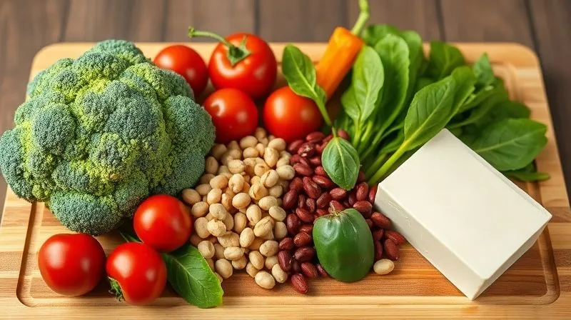 Photorealistic, professional photography, 8K, cinematic lighting, sharp focus, depth of field, shot on a high-end DSLR. A vibrant, colorful array of fresh, raw vegetables neatly arranged on a wooden cutting board: broccoli florets, cherry tomatoes, spinach leaves, red lentils, chickpeas, and a block of firm tofu. The ingredients are beautifully lit, emphasizing their freshness and texture, ready to be turned into a healthy soup. No people, no text.