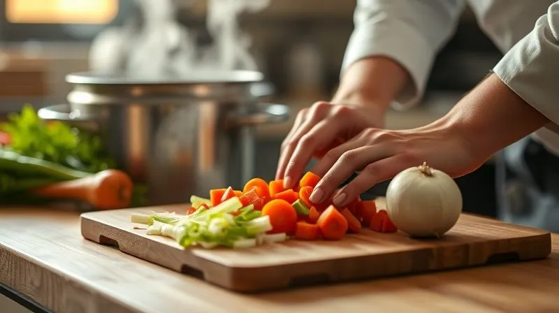 Photorealistic, professional photography, 8K, cinematic lighting, sharp focus, depth of field, shot on a high-end DSLR. A skilled chef's hands are meticulously dicing fresh vegetables – carrots, celery, onions – on a clean wooden cutting board. Steam rises gently from a large pot in the background, suggesting a simmering broth. The scene is bathed in warm, inviting kitchen light, emphasizing the precision and freshness of the culinary process. No faces, no text.