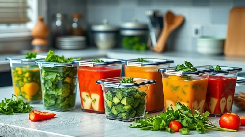 Photorealistic, professional photography, 8K, cinematic lighting, sharp focus, depth of field, shot on a high-end DSLR. An organized kitchen counter with several glass meal prep containers filled with different vibrant, low-calorie soups. Fresh herbs and neatly chopped vegetables are visible on the counter, suggesting ingredients for future meals. The scene conveys a sense of healthy planning, efficiency, and delicious variety, illuminated by soft kitchen light. No people, no text.