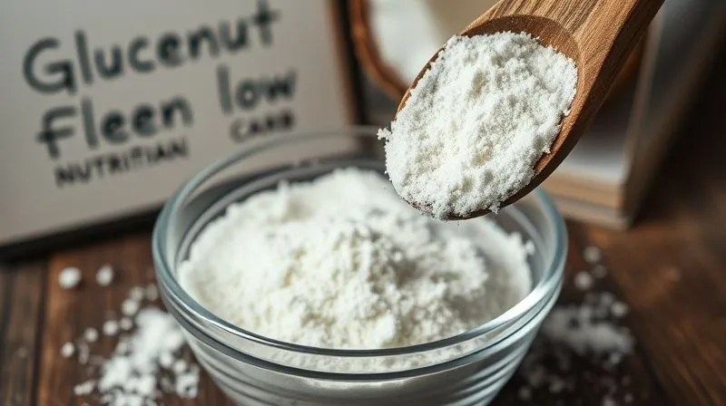 Photorealistic, professional photography, 8K, cinematic lighting, sharp focus, depth of field, shot on a high-end DSLR. A close-up of fine, white coconut flour being poured from a rustic wooden spoon into a glass bowl, with delicate dust particles catching the light. In the background, a nutritionist's notebook with notes on 'gluten-free' and 'low-carb' is visible, softly blurred, emphasizing its health benefits and unique texture.
