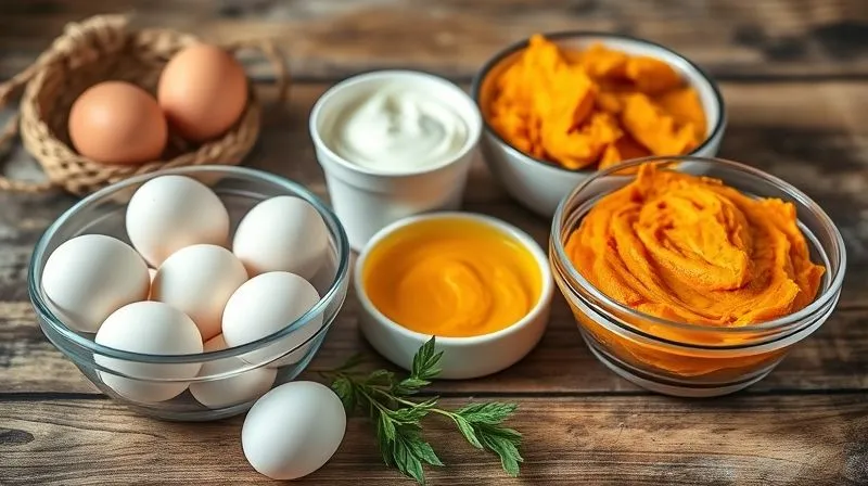 Photorealistic, professional photography, 8K, cinematic lighting, sharp focus, depth of field, shot on a high-end DSLR. A vibrant still life composition featuring a bowl of fresh eggs, a container of creamy Greek yogurt, and a bowl of bright orange pumpkin puree, artfully arranged on a rustic wooden table. Soft, natural light illuminates the scene, highlighting the textures and colors of these essential baking ingredients.