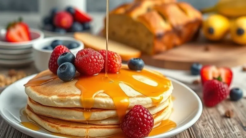 Photorealistic, professional photography, 8K, cinematic lighting, sharp focus, depth of field, shot on a high-end DSLR. A vibrant, artfully arranged breakfast spread featuring fluffy, golden low-calorie coconut flour pancakes topped with fresh berries and a drizzle of sugar-free syrup. In the background, a perfectly baked gluten-free coconut banana bread loaf is visible, sliced and ready to serve, emphasizing healthy and delicious meal ideas.