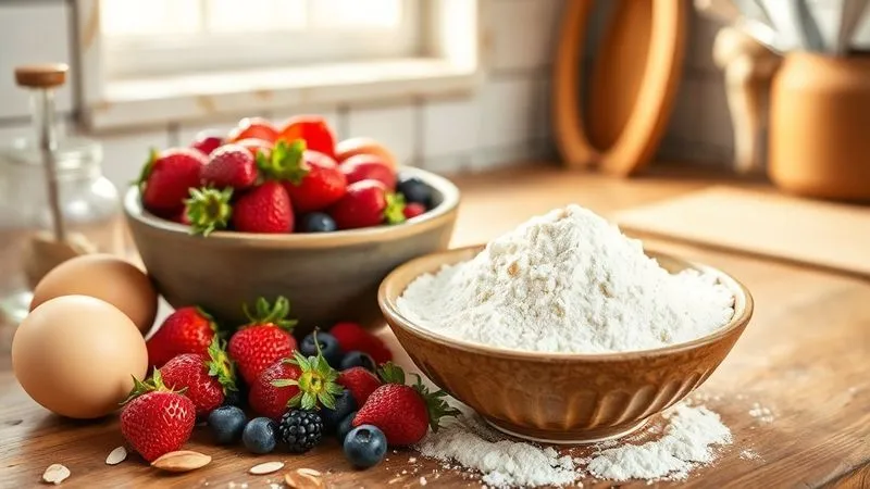 A photorealistic image of a rustic kitchen counter with a bowl of blanched almond flour, surrounded by fresh, vibrant low-calorie ingredients like colorful berries, fresh eggs, and a small, perfectly baked, light gluten-free muffin. The scene exudes health, balance, and culinary artistry, with sunlight streaming through a window. Cinematic lighting highlights the fine texture of the flour and the freshness of the ingredients, with sharp focus on the central elements and a soft depth of field blurring the background. Professional photography, 8K hyper-detailed, shot on a high-end DSLR.