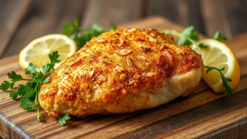 A photorealistic image of a golden-brown, perfectly crispy piece of oven-baked chicken, lightly breaded with almond flour and herbs, resting on a rustic wooden board. Beside it are fresh green herbs and a lemon wedge. The scene emphasizes healthy, savory cooking. Cinematic lighting creates a warm glow, with sharp focus on the texture of the breading and a gentle depth of field blurring the background. Professional photography, 8K hyper-detailed, shot on a high-end DSLR.